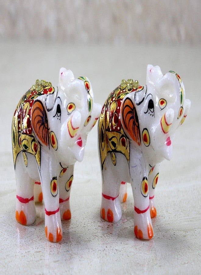 ESPLANADE Marble Elephant Family - Set of 2 - Sculpture Showpiece Figurines - Home Decor - White Multi - 3" Inches (Small) - Image 3